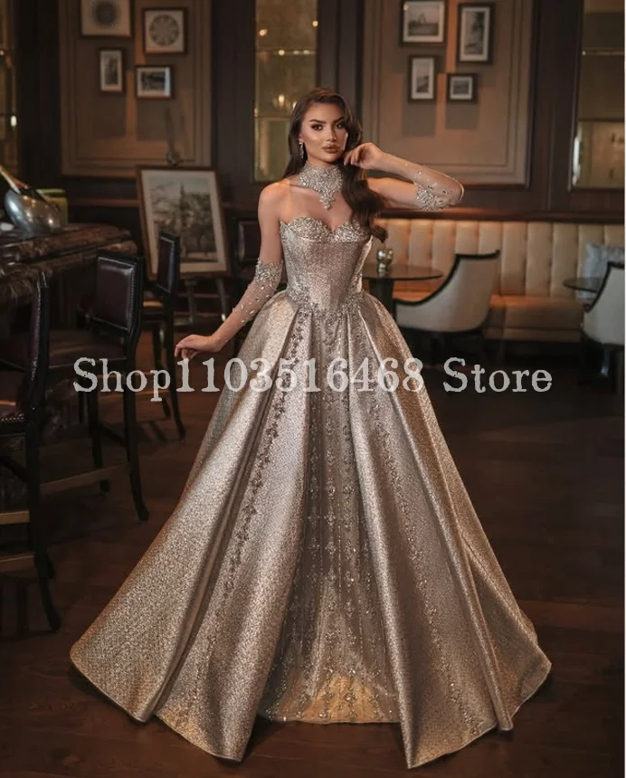 Sparkling Silver Middle East Evening Dresses Luxury Sheath Sequins Appliques Arabian Bridal Gowns Customised abti da sera