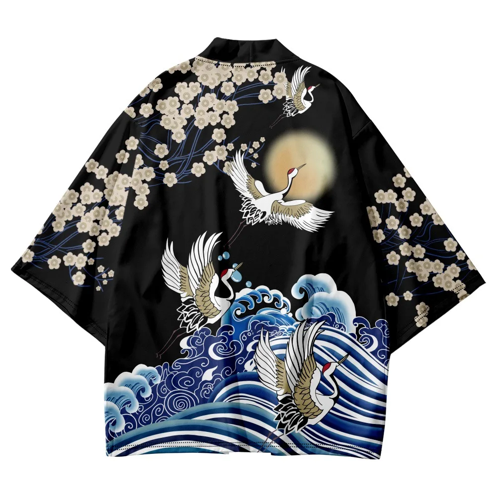 Vintage Style Crane Wave Kimono 2023 Fashion Women Cardigan Robe Black Clothes Summer Beach Yukata Japanese Haori Plus Size 6XL