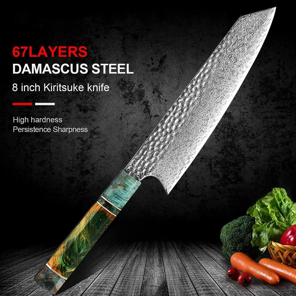 Damascus Kitchen Knife 8-inch Nakiri Knife 67 Layers Japanese Damascus Steel Slicing Chef Knife Razor Sharp Blade Colorful Wood