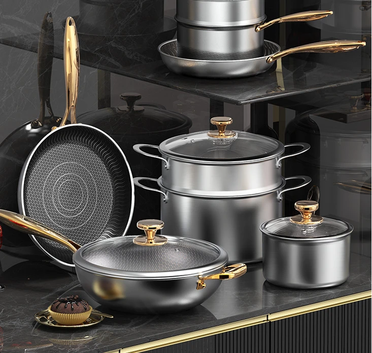 Pot Set Combination Stainless Steel Frying Pan  Soup Steaming Non Stick Pan Household Full Set of Pot Cookware Set Non Stick