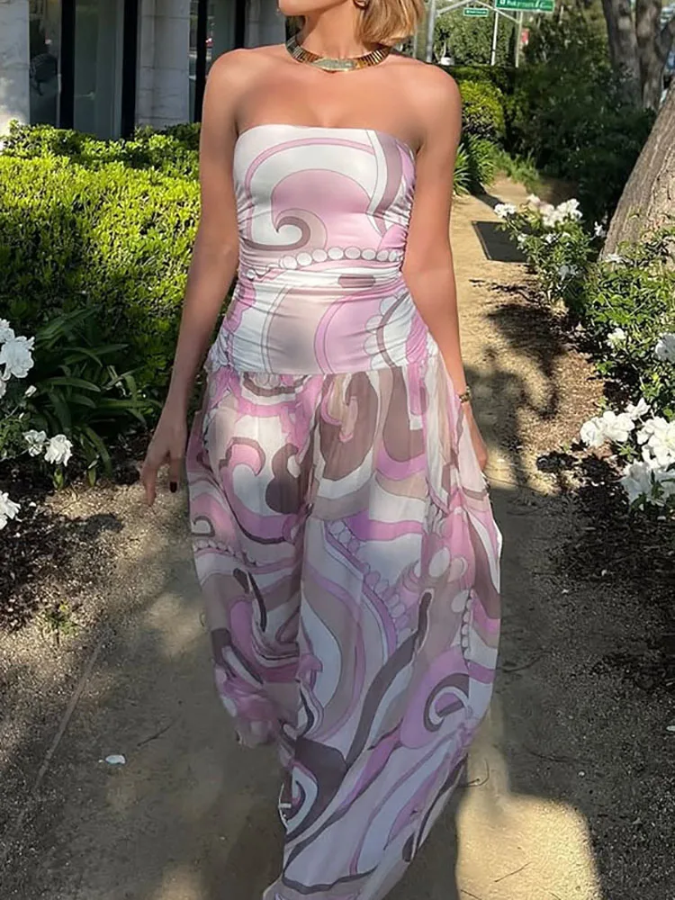 Sleeveless Simple Printing Party Dress, 2024 Summer Women Strapless Fashion Maxi Dress, Elegant Backless Patchwork Ladies Dress