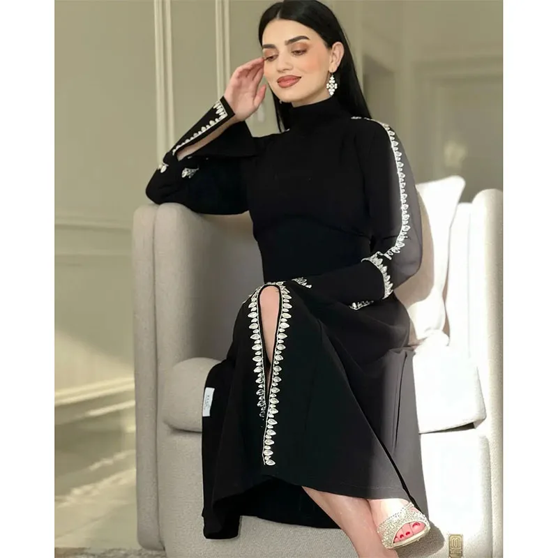 Saudi Arabia Elegant 2024 Women Wear Evening Dresses High Neck Long Sleeve Crystal Front Slit Black Prom Formal Gowns