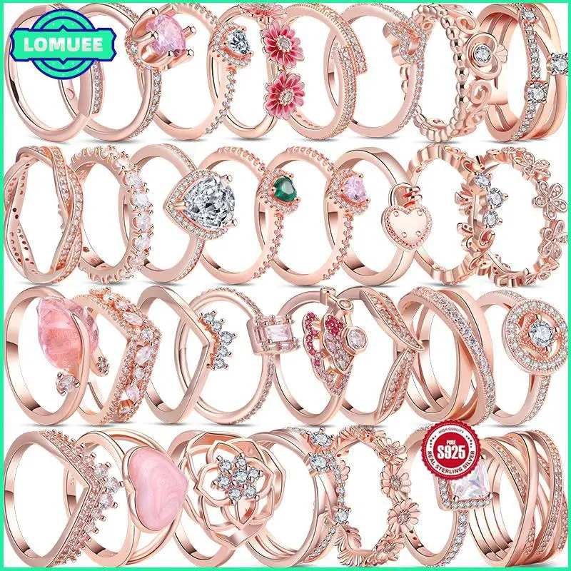 

Real 925 Sterling Silver Pave Rings Daisy Wishbone Heart Sparkling Row Zircon Crown Rose Gold Pantaro Rings Women Jewelry Gift