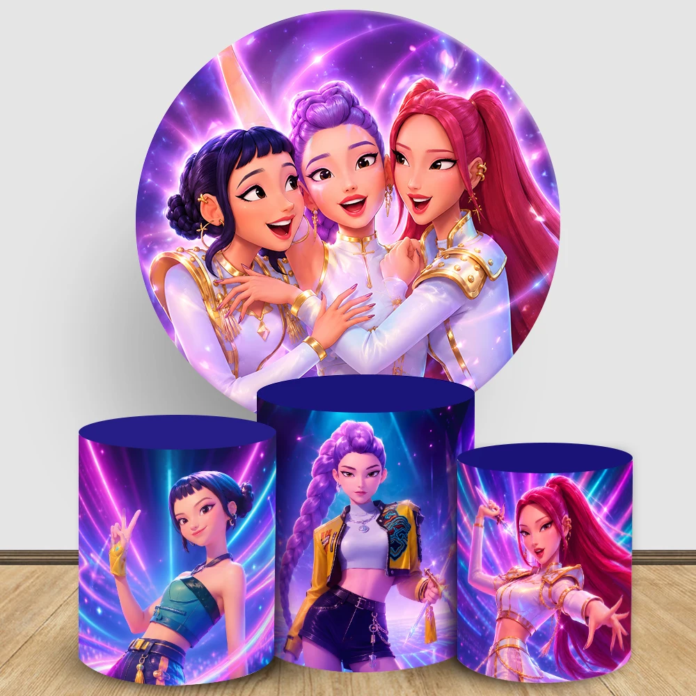 

Kpop Demon Hunters Round Backdrop Cover 3PCS Cylinder Stretchy Fabric Girl Birthday Party BabyShower PhotoBooth Background Decor