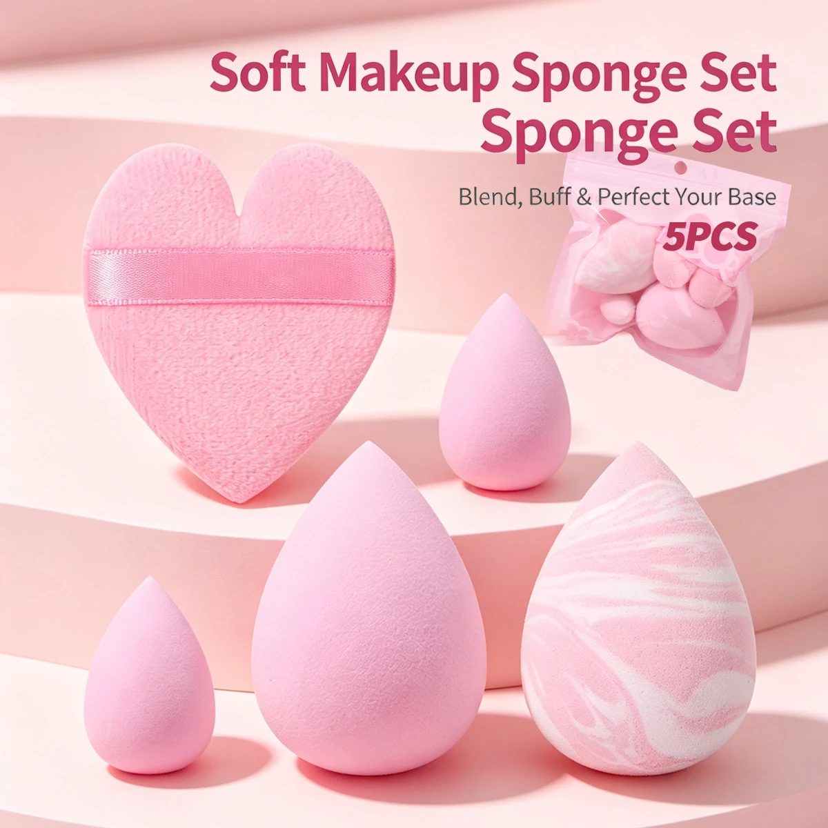 5Pcs Makeup Sponge Set, Soft Foundation Applicator Sponges with Heart Shape Makeup Puff for Flawless Base Makeup