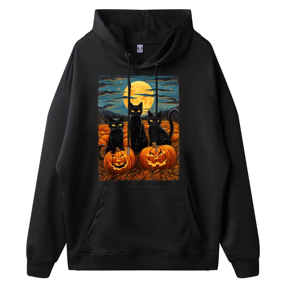 Loose Female Hoodies Black Cat Halloween Cat Lovers Normal Hoodies Round Neck long Sleeve Summer Sweatshirts Father Day