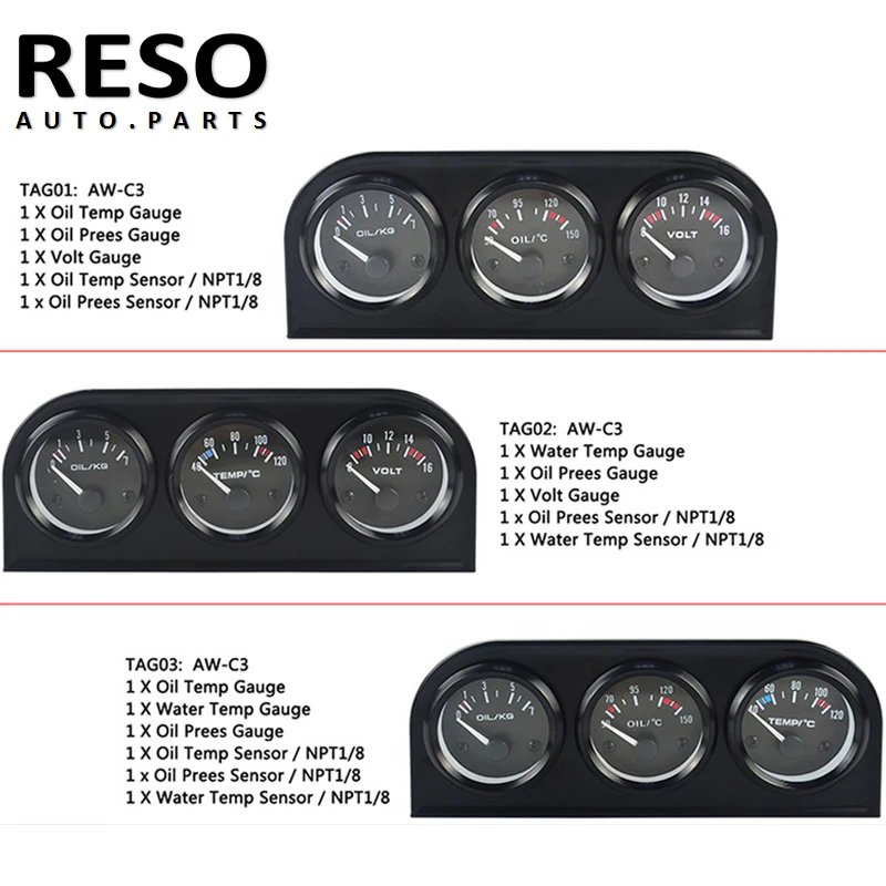 52mm 3 in 1 Oil pressure meter Oil Temperature Gauge + water temp gauge + Oil Pressure Gauge Kit or Volt meter Triple Mete