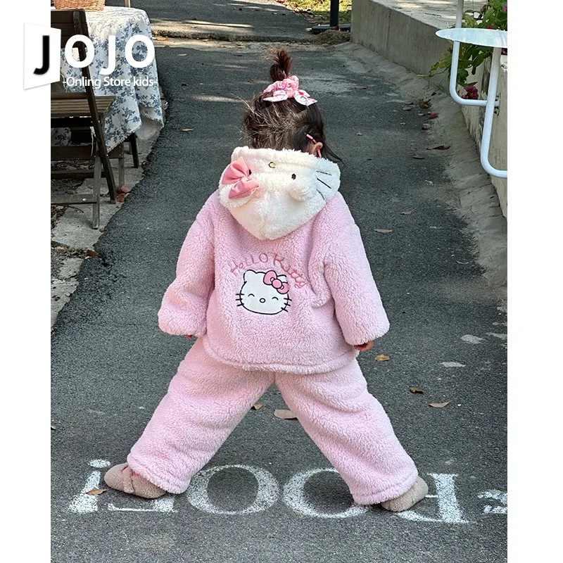 

2Pcs Hello Kitty Children Velvet Pajama Set Kawaii Anime Winter Warm Hooded Thicke Embroidery Coat Pants Family Homewear Set