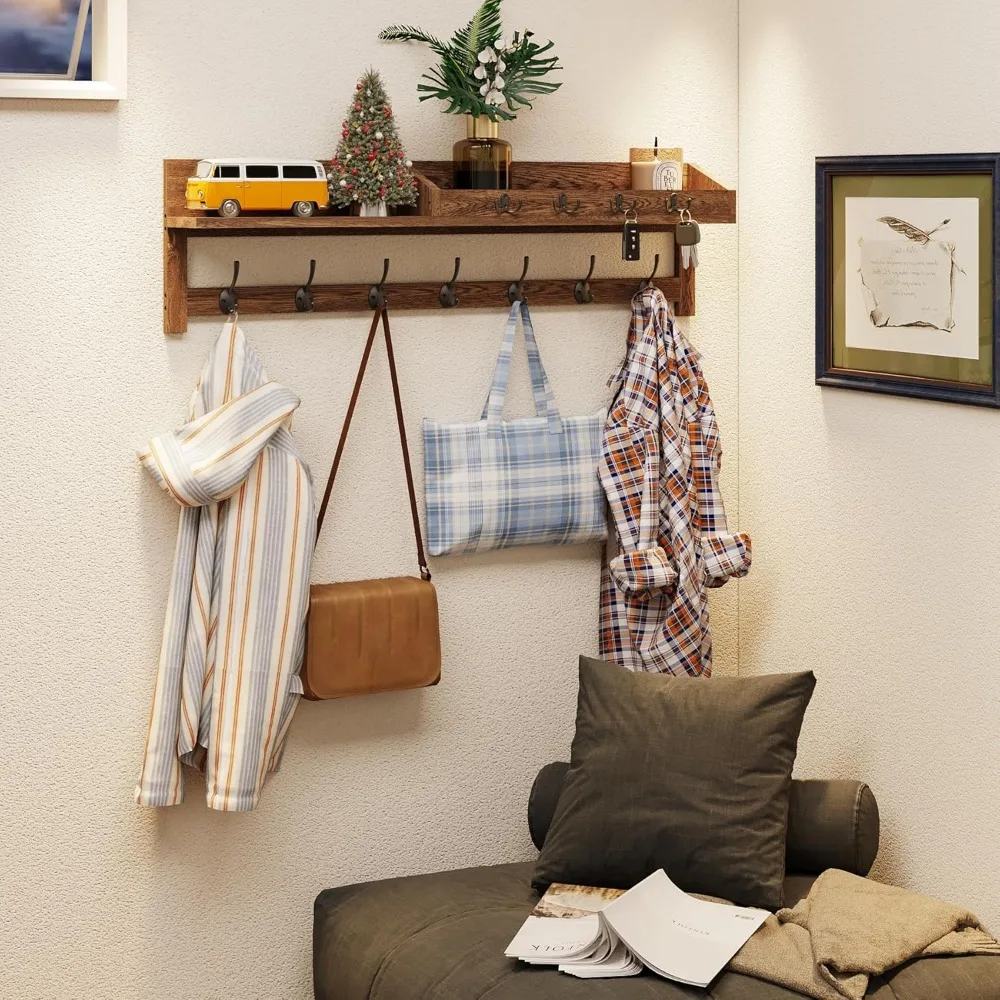 حامل معطف AMBIRD مثبت على الحائط، خطافات حائط كبيرة مقاس 35 بوصة مع رف، رف المدخل مع 7 خطافات معطف مزدوجة و4 خطافات مفاتيح لتنظيم البريد