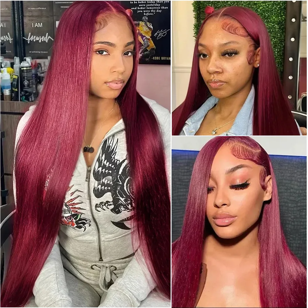 13x6 العظام مستقيم 99j بورجوندي الدانتيل الباروكة الأمامية شعر الإنسان البرازيلي 13x4 HD الدانتيل الجبهة الأحمر اللون الباروكات قبل قطعها للنساء