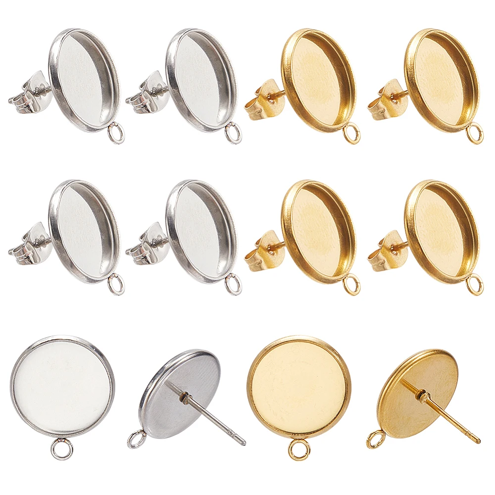 1 Box 40 Sets Blank Earring Studs Cabochon Stud Earrings 304 Stainless Steel Ear Post Findings with Loop and Ear Nuts Golden