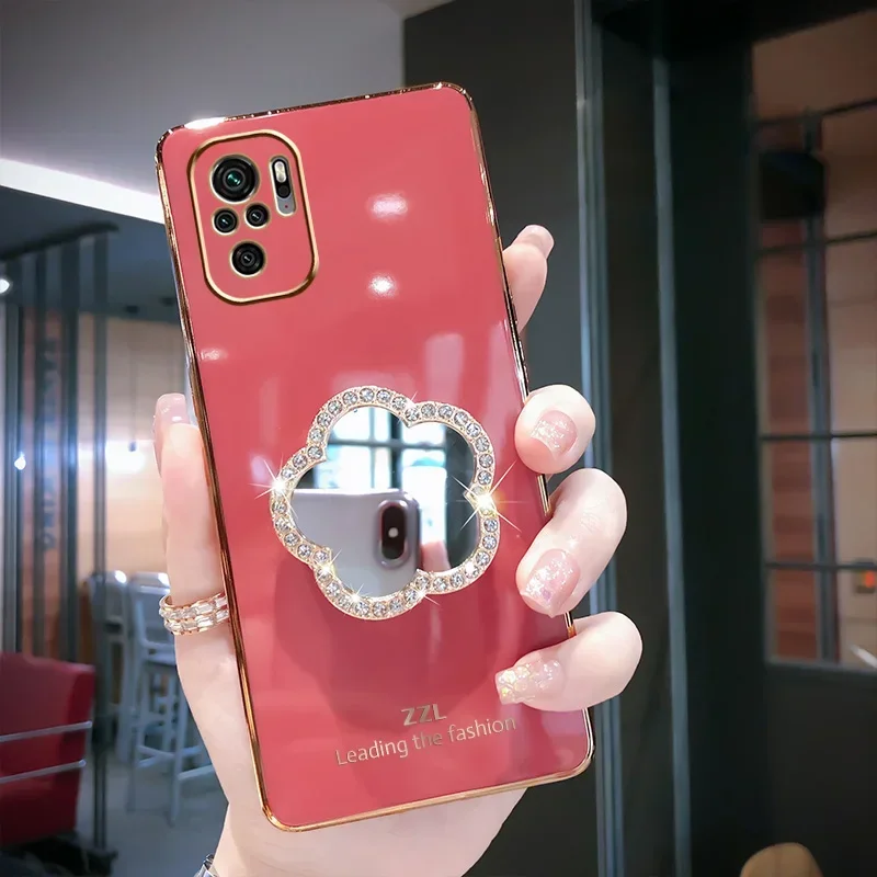 Diamond Mirror Holder Silicone Case For Redmi Note 12 Pro 12 4G 11 Pro 11S 10 10S 10C 9T 9 8 8T 10A A1 12C Plating Cover