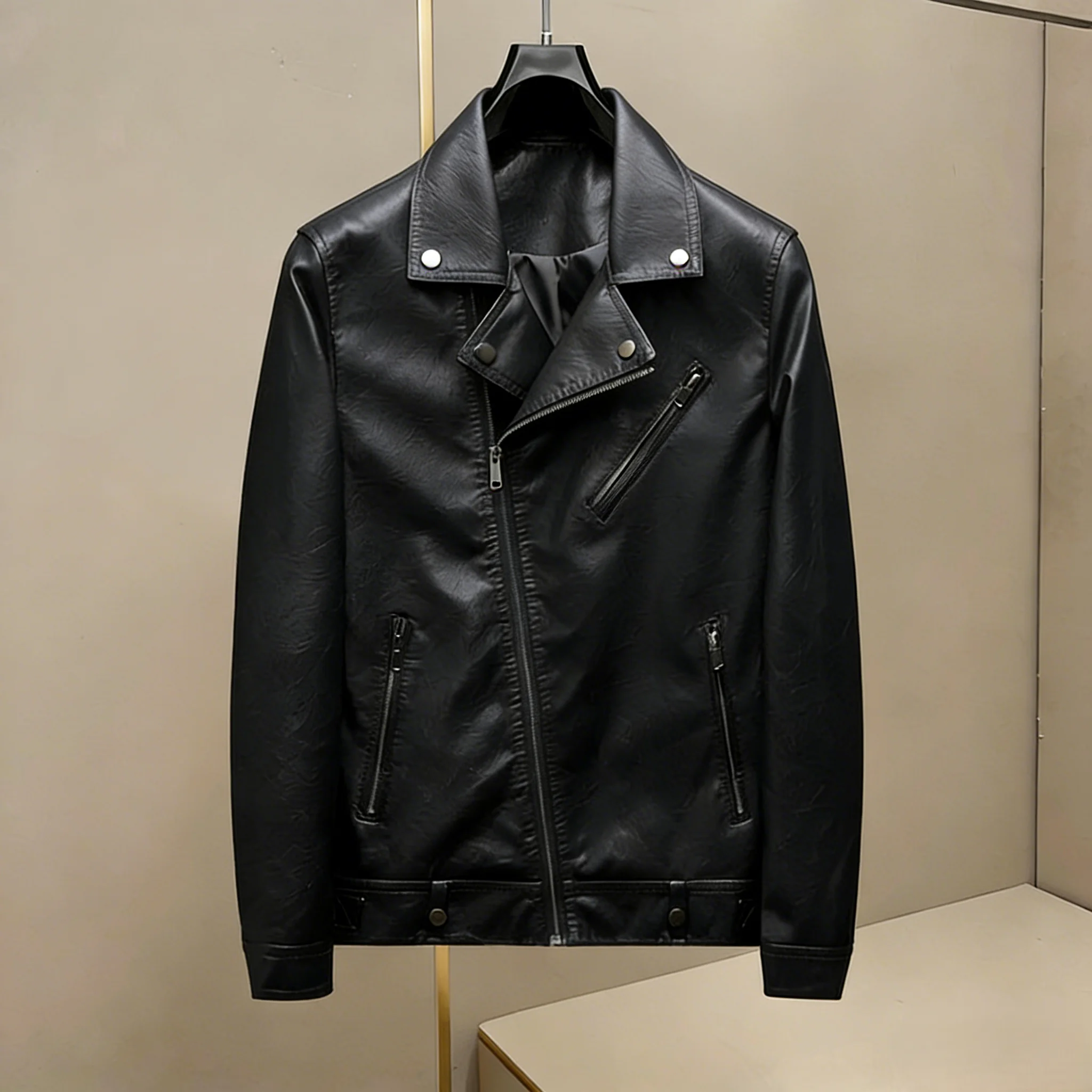 

Мужская кожаная куртка Slim Fit в байкерском стиле с воротником-стойкой, модная, водонепроницаемая, из искусственной кожи, с карманом на молнии