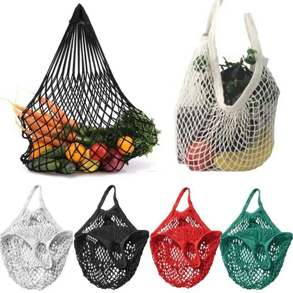 Portable Reusable Grocery Bags Fruit Vegetable Bag Washable Cotton Mesh String Organic Organizer Handbag Short Handle Net Tote