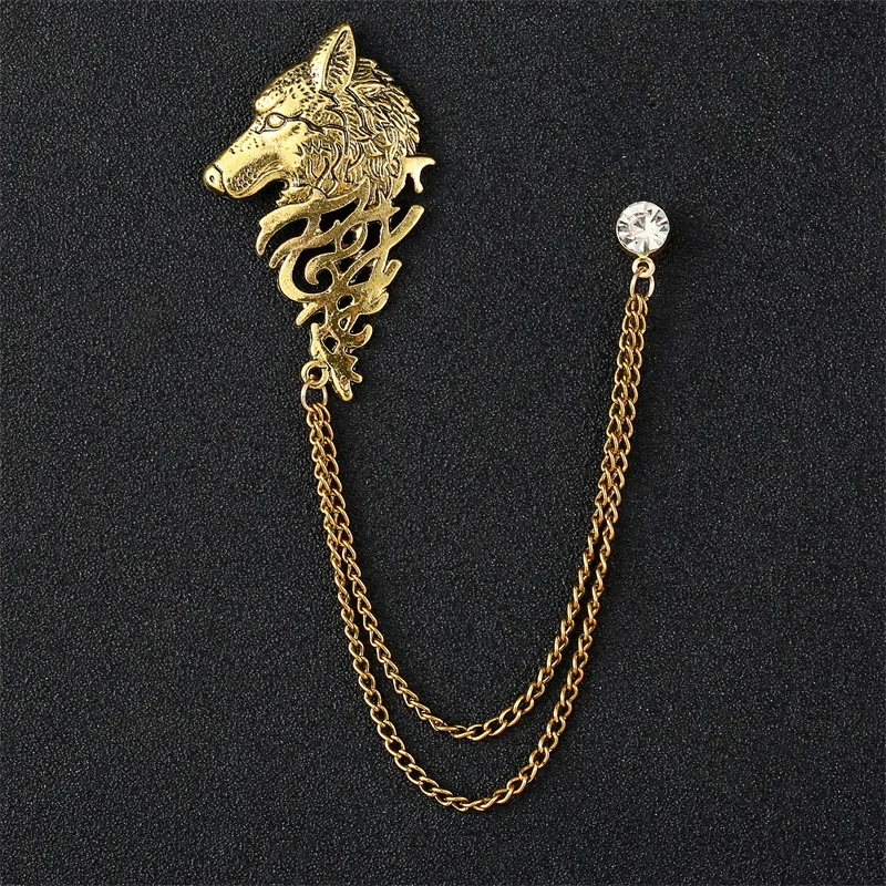 Retro Airplane Wolf Tassel Chain Brooch Crystal Flower Wings Animal Lapel Pins Men's Suit Shirt Collar Badge Brooches Jewelry