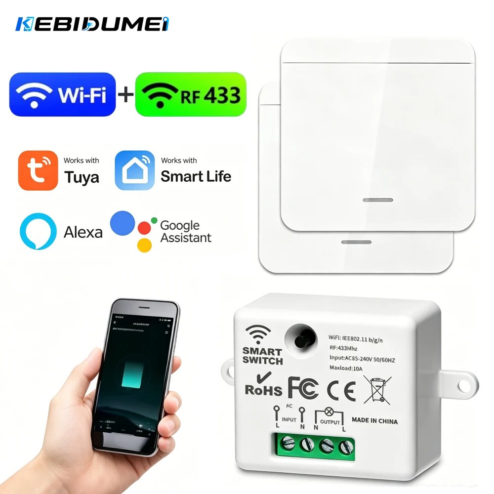 KEBIDUMEI Tuya Smart Home WiFi RF433 Mhz Switch Wall Panel Switch 110V 220V 10A Mini Module Works with Alexa Google Home