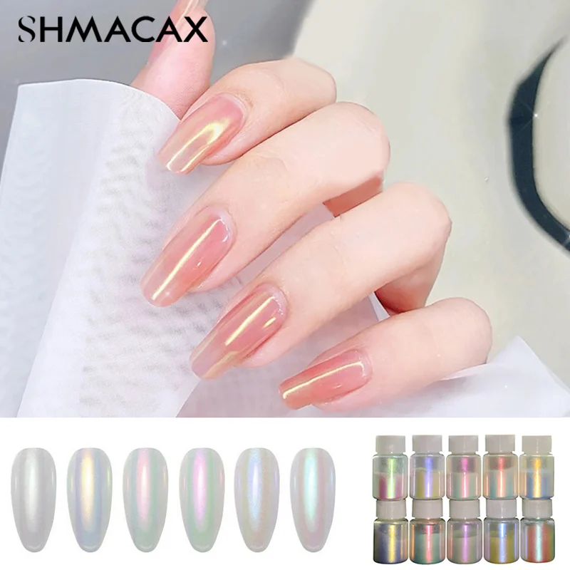 10g/Bottle 6 Color Pearlescent Aurora Chrome Nail Powder Iridescent Shell Powders Holographic Mirror Effect Nail Pigment Dust