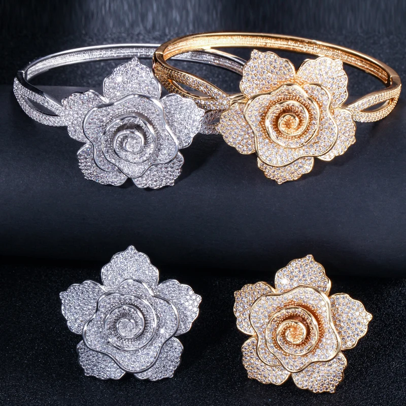 ThreeGrace Luxurious Cubic Zirconia Gold Color Large Flower Ring and Bangle Set for Women Trendy Banquet Dinner Jewelry JS540