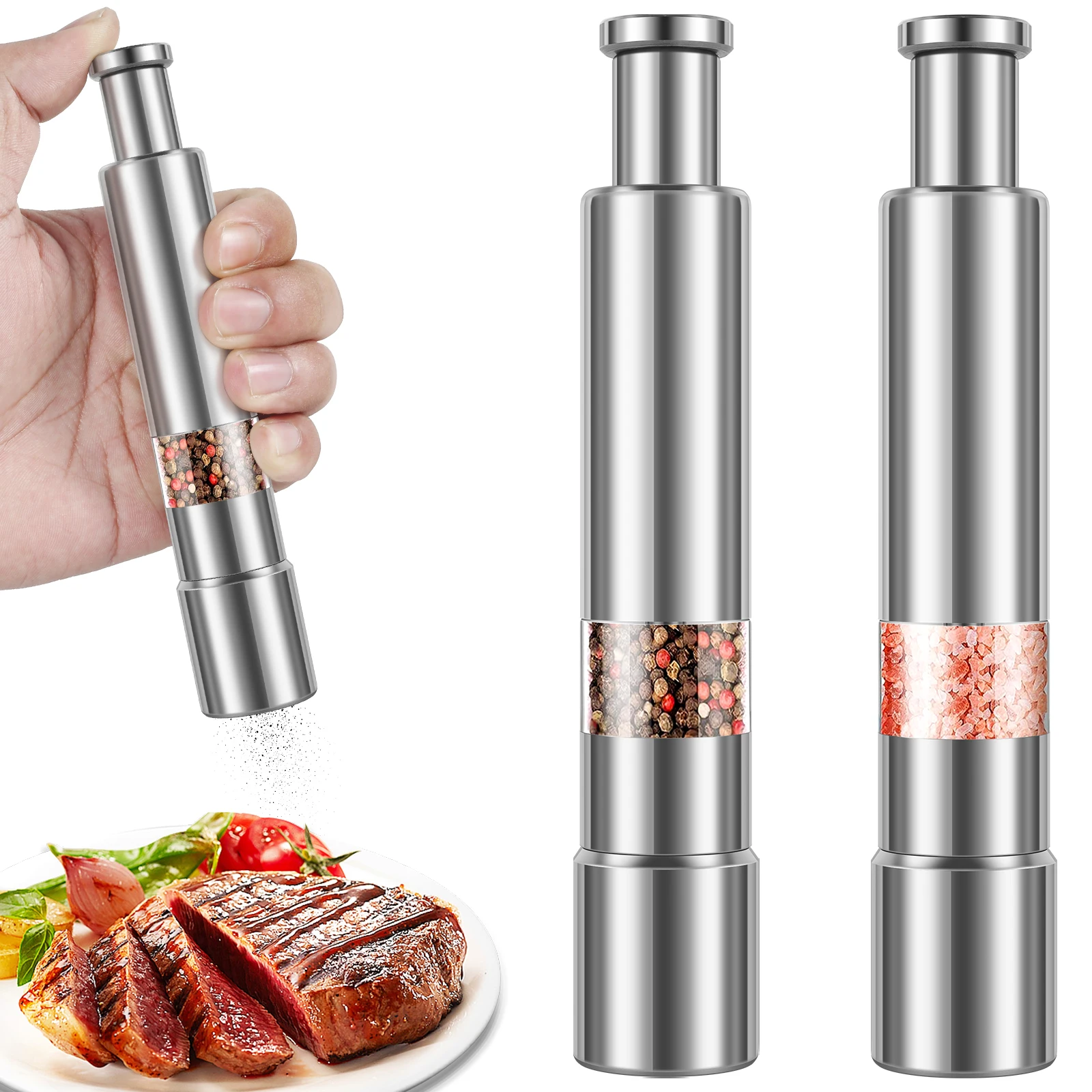 Salt and Pepper Grinder 2 in 1 Manual Stainless Steel Salt Pepper Mills with Adjustable Ceramic Grinding Spice Mill Kitchen Tool