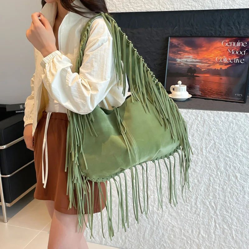 

Модная женская сумка через плечо большой емкости с кисточками, модная сумка-тоут в форме полумесяца в стиле ретро, сумка для пельменей