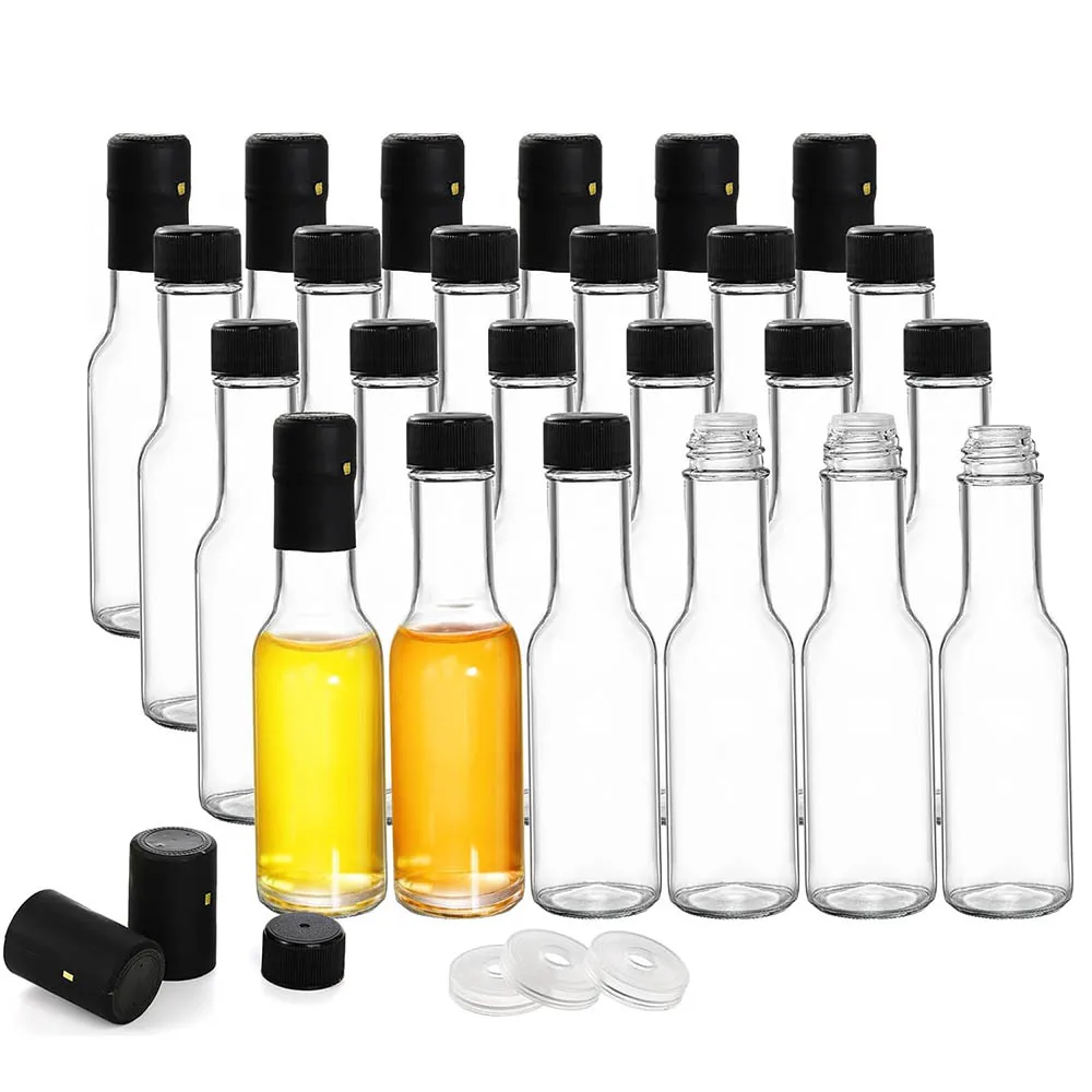 

Small Glass Bottle,3oz Glass Woozy Bottle,Empty Mini Hot Sauce Bottles,Clear Liquor Wine Bottles with Shrink Capsule,Black Caps
