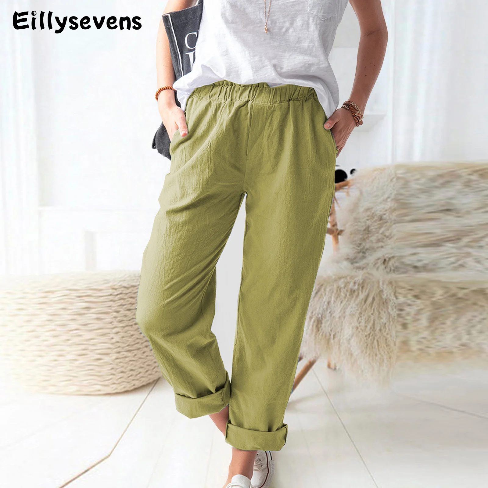 

2023 Summer Cotton Linen Women's Long Pants Elastic Waist Pockets Loose Pant Female Casual Fashion Office Trousers Pantalones