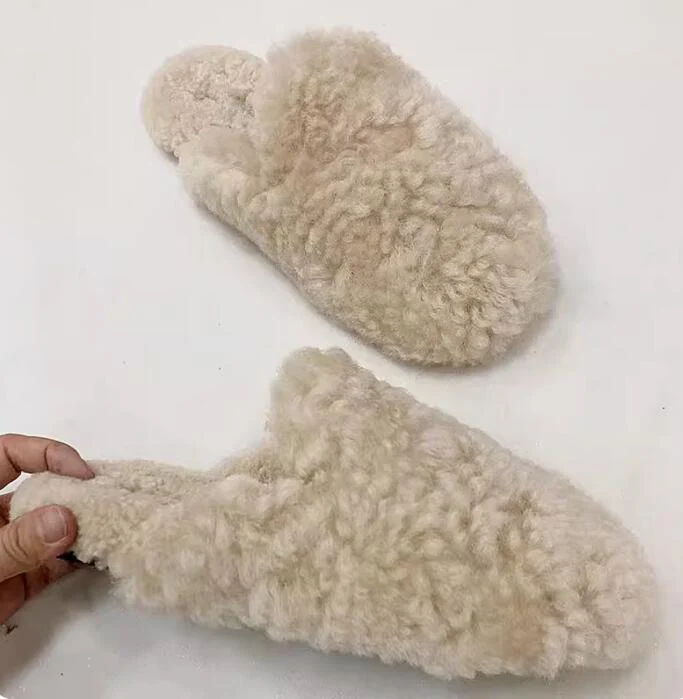 Beige White Black Wool Fur Flats Slipper Shoes Woman Real Lamb Wool Home Cozy Slide Shoes Winter Leisure Fur Slipper