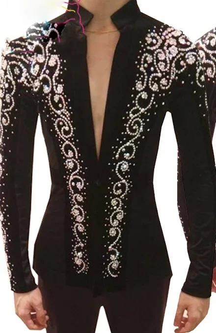 Męska koszula do tańca latynoamerykańskiego z dekoltem w serek, zdobiona dżetami, błyszcząca, na zawody, występy, do tańca towarzyskiego, tango, tańca nowoczesnego, odzież sceniczna DNV12054