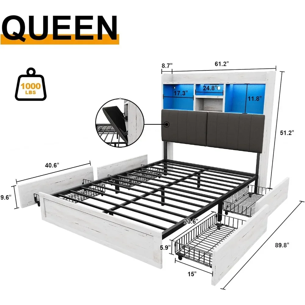 Queen Bed Frame with Bookcase Headboard 4 Storage Drawers Charging Station Wood Slats Support No Box Spring Needed，LED Bed Frame