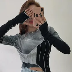 Women's Long-Sleeved T-Shirt Slim-Fit Irregular Stitching Tie-Dyed O-Collar Street Fashion Casual T-Shirt for Women