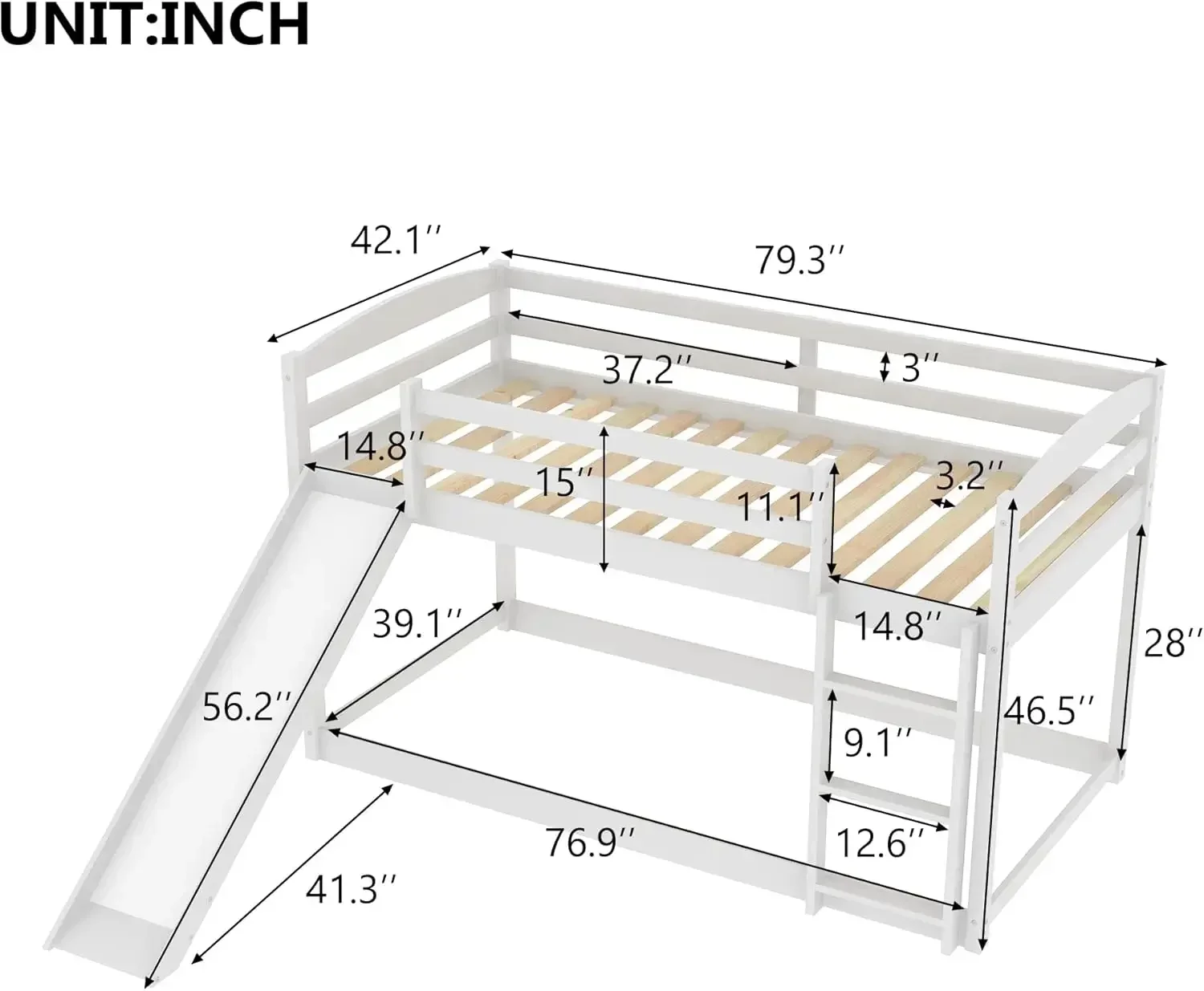 Solid Wood Twin Over Twin Low Bunk Bed w Slide, Ladder, Safety Guard Rails, 400LBS Wooden Twin Bunk Beds for Teens/Adults, Low B