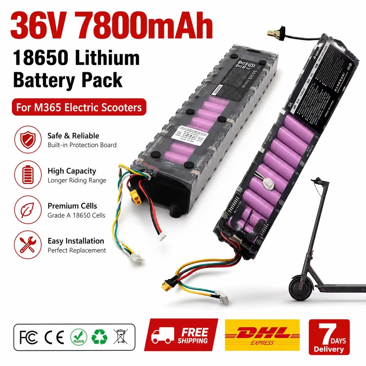 Batterie Bluetooth étanche d'origine 36V 7800mAh, adaptée au scooter électrique intelligent Xiaomi M365 M356 Pro, batterie dédiée à l'application, moteur haute puissance 250W-1000W, avec BMS