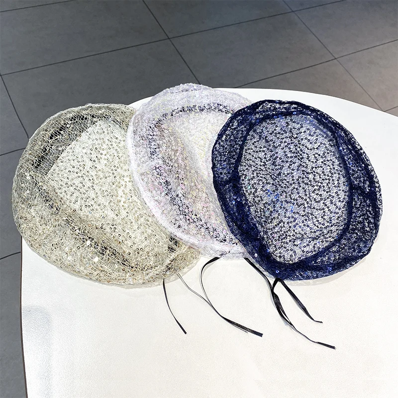 Thin Sequin Mesh Hat Women Spring Summer Niche Personality Sweet Cool Beret Fashion Lace Cutout Painter Hat Designer Baotou Hats