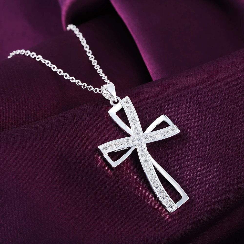 

Promotions 925 Sterling Silver Necklace Charm For Women Cyrstal Cross Pendant Chain Jewelry Fashion Cute Wedding Party