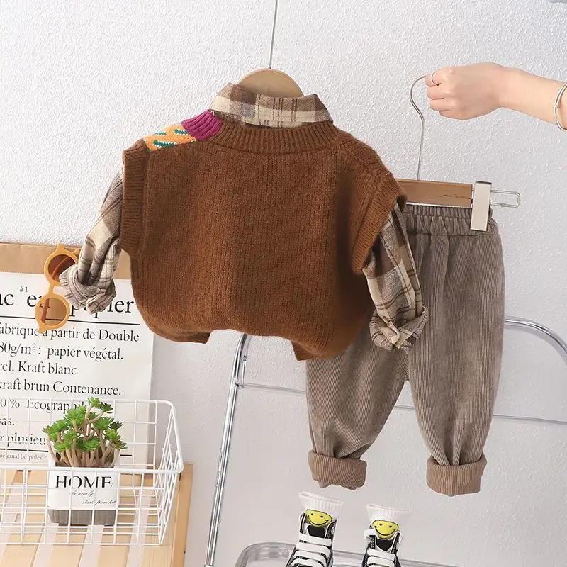 Childrens Sweat Set Korean Baby Boy Clothes 6M-5T Cartoon Knitted Vest + Plaid Shirts + Pants 3PCS Kids Boys Outfit Set