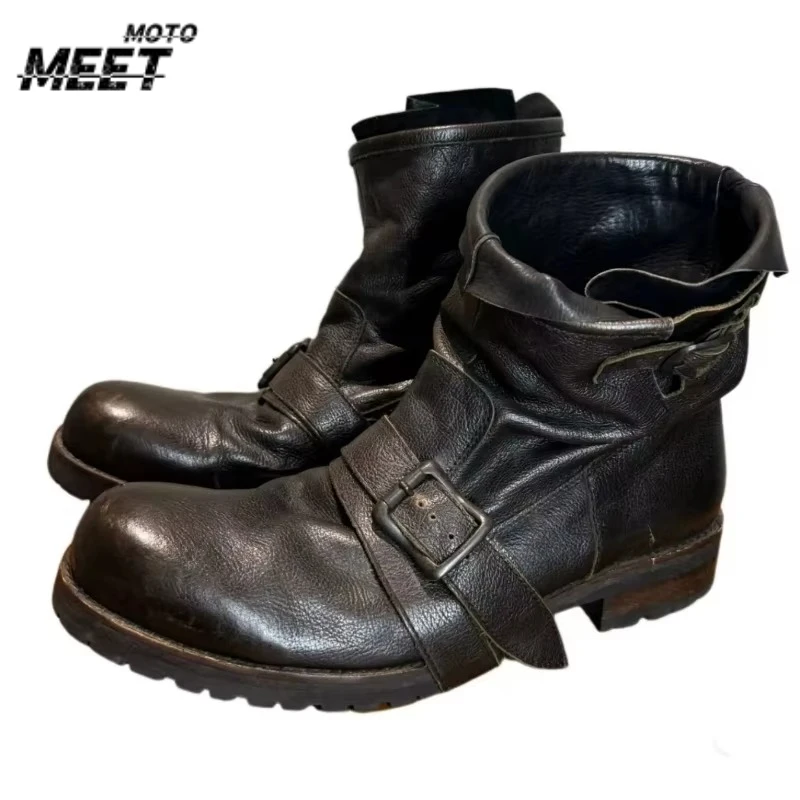 black With decoration Genuine Leather Vintage Motorcycle Boots, Thick soled soft leather work boots, Unisex Riding Footwear