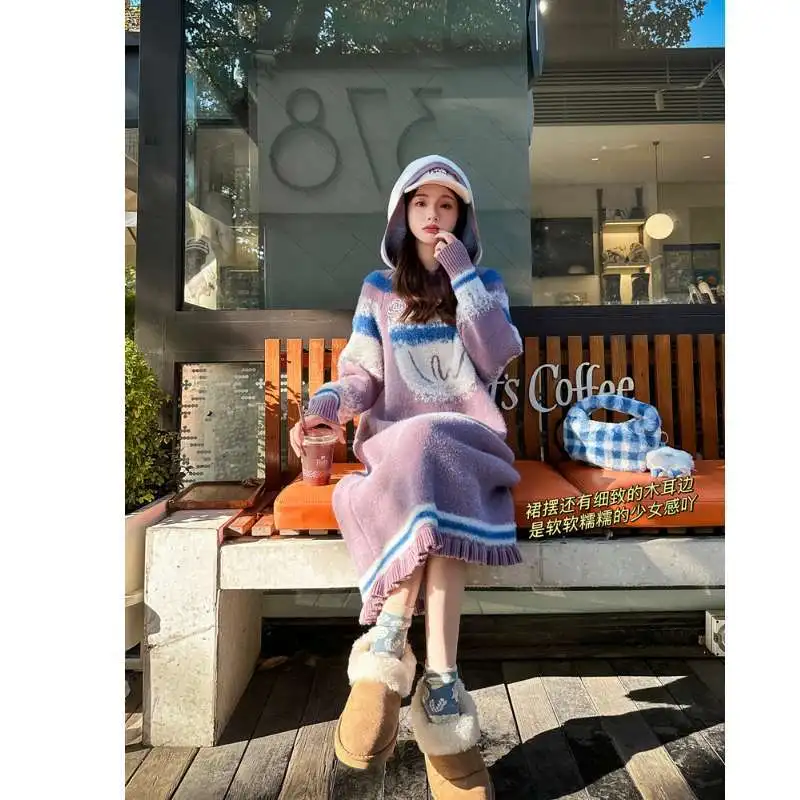 Gagarich Hooded Dress Women Long Korean Style Lazy Style Hooded Temperament Sweater Autumn Winter Contrasting Knitted Vestidos