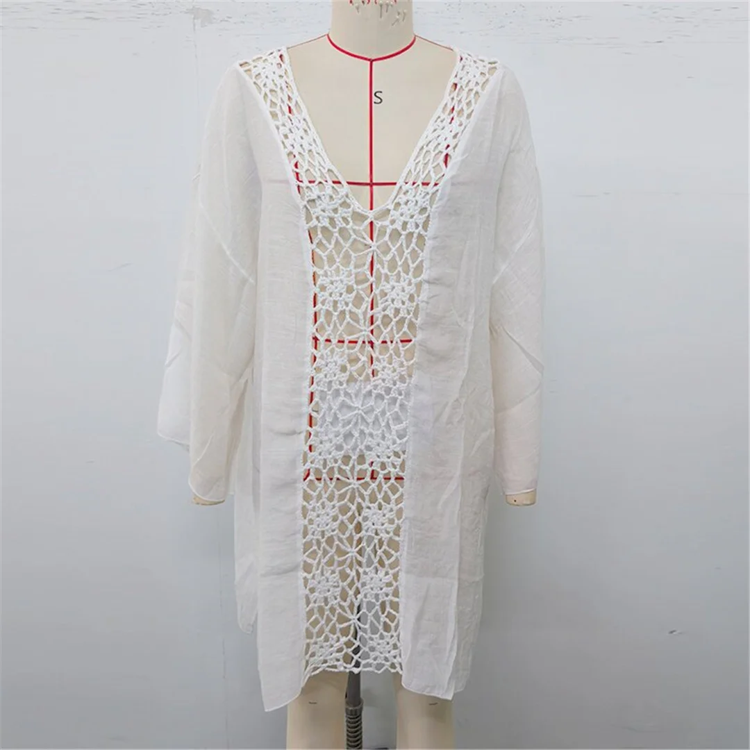 V-Ausschnitt, lange Ärmel, mit Ausschnitten versehen, gehäkelt, gestricktes Tunika-Oberteil, Strandkleid, Strandbekleidung, Damen-Strandkleid, Strandüberwurf, Damen V7580 – Detail 14