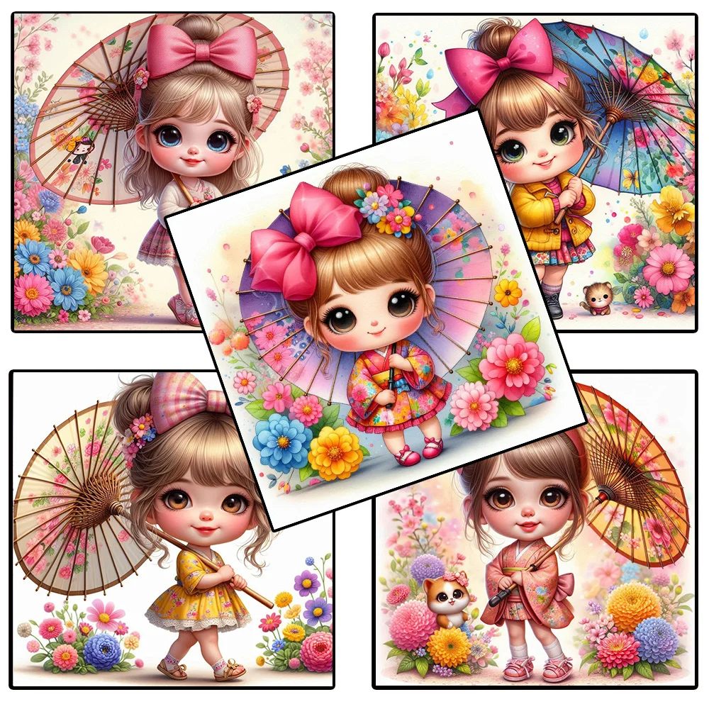 Cute Girl And Umbrella Painted With Flowers Diamond 5D Mosaic Painting DIY Full Drills Embroidery Cross Stitch Kits Decor Art