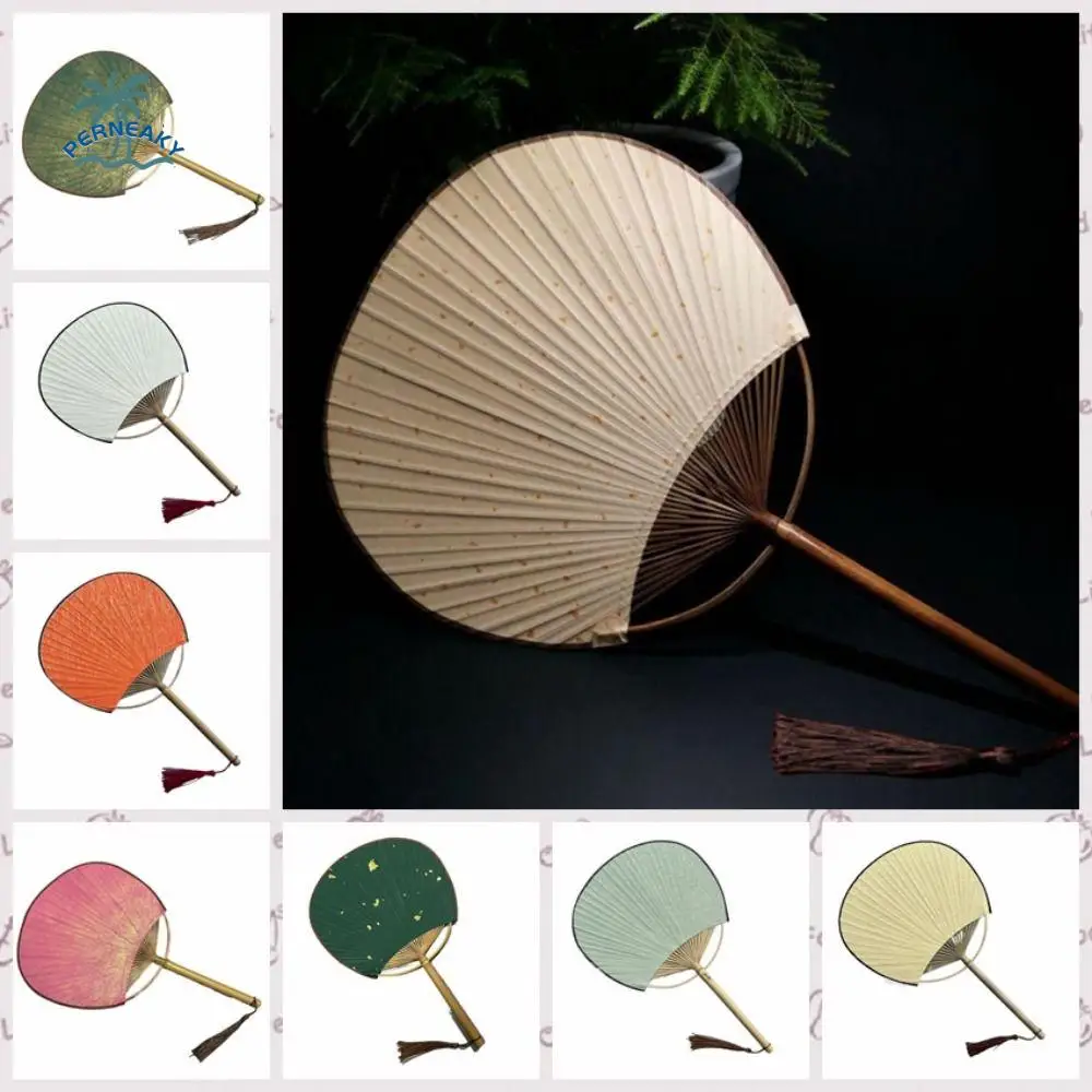 Abanico de papel pintado a mano Vintage creativo con borlas, abanico de mano en blanco con mango de bambú, decoraciones para habitación de abanico DIY de estilo chino