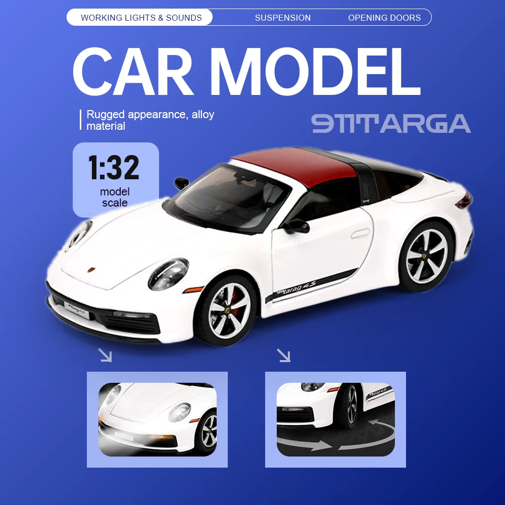 

1:32 911 Targa GT3 RSR Alloy Diecast Car Miniature Model Toys Doors Opened Sound and Light Shock Absorption Vehice Gifts for Boy