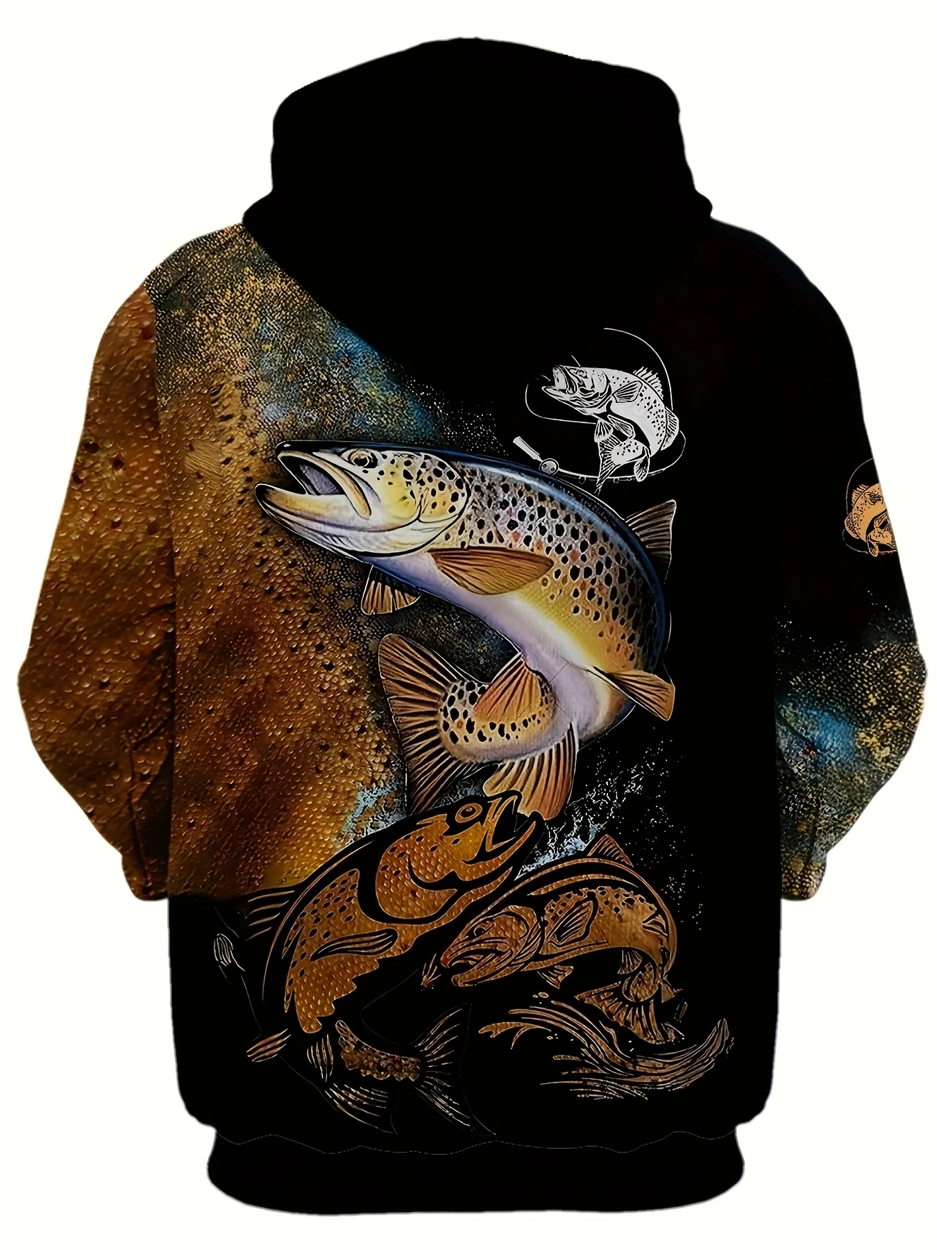 Sweat à capuche décontracté imprimé tête de poisson 3D pour hommes |   Sweat-shirt avec détail zippé, adapté au printemps/automne, coupe régulière, légèrement extensible