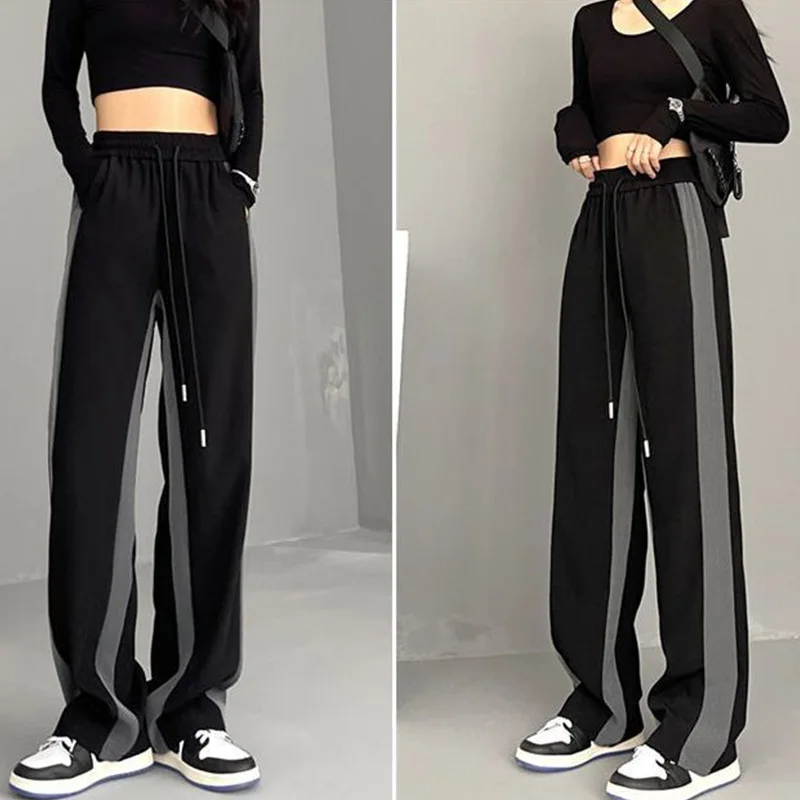 Thin/Thick Fashionable Drawstring Trousers Female Autumn Winter All-match Black Pockets Loose Striped Wide Leg Full Length Pants