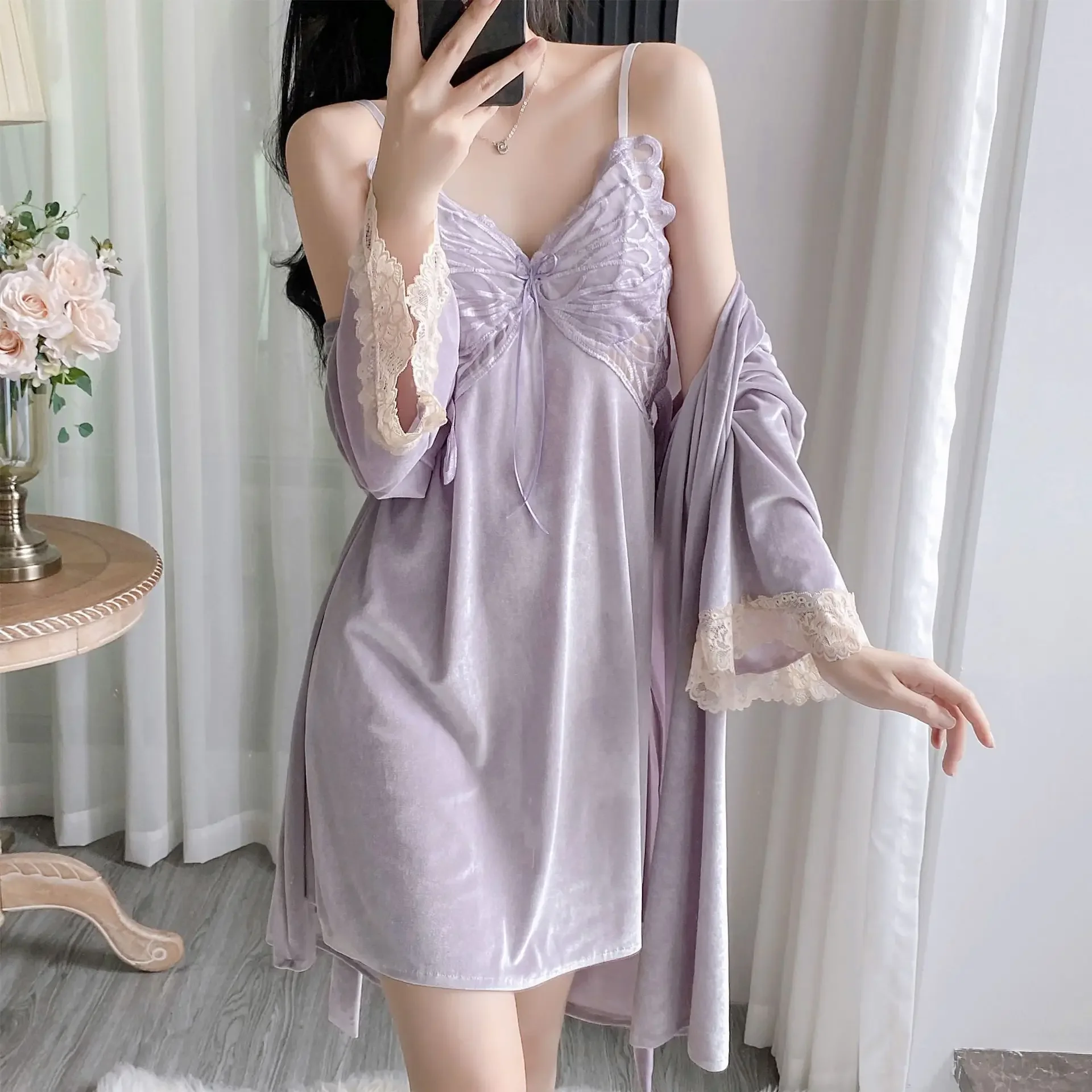 

Sexy Lace Suspender Nightgown Summer Women's Robe Sleepwear Lounge Wear Two Piece Set Lingerie Velour Temptation Home Dress