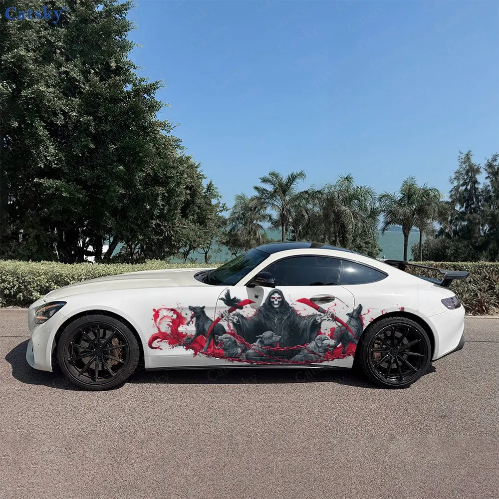 

2pcs Scythe Reaper With Chain Wolves Car Side Wrap, Self-Adhesive PVC Waterproof & Scratch-Resistant Sticker, Car Accessory Gift