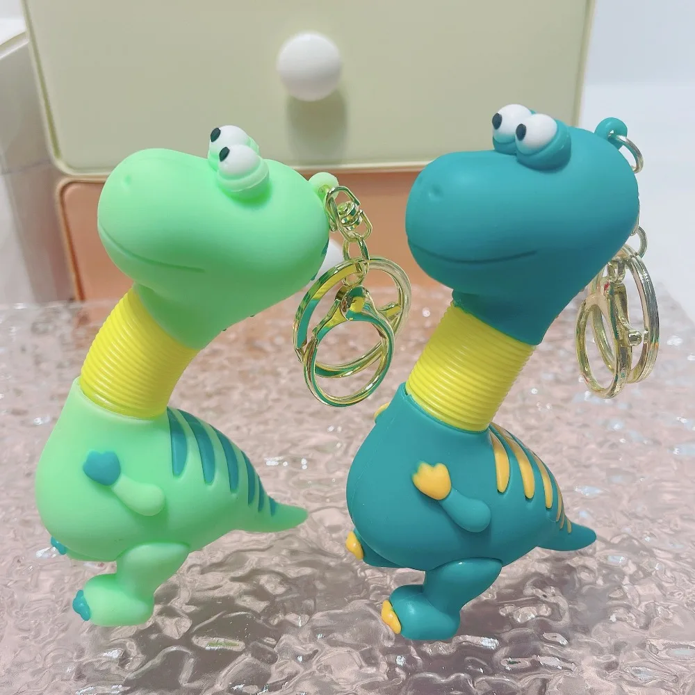 Cartoon Green Dinosaur Keychain Creative Anime Figure Car Keyrings Retractable Spring Neck Kids Gift Dinosaur Dolls Pendant