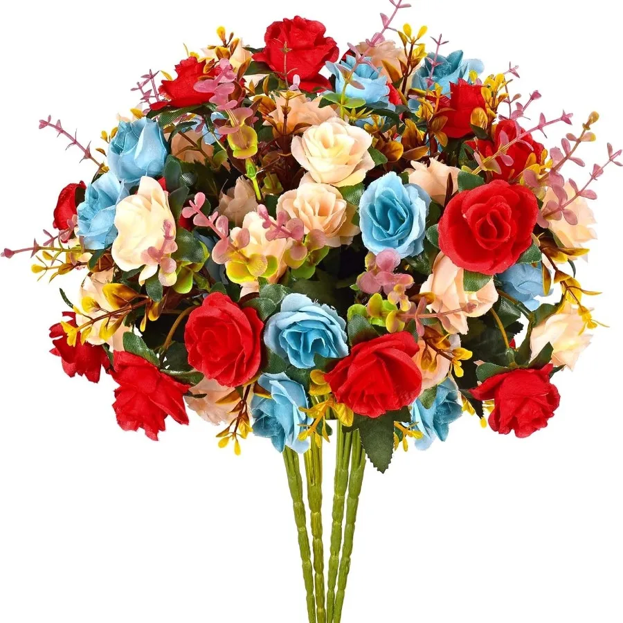 エバーウィン造花ミニバラの花束、装飾用フェイクカラフルな花、茎付き、ホームデコレーション用
