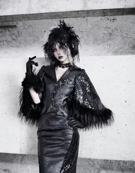 Blood Supply Original Design Women Snake Skin Black Gothic Leather Fur Office Queen Cape Blazer Outercoat Ponchos