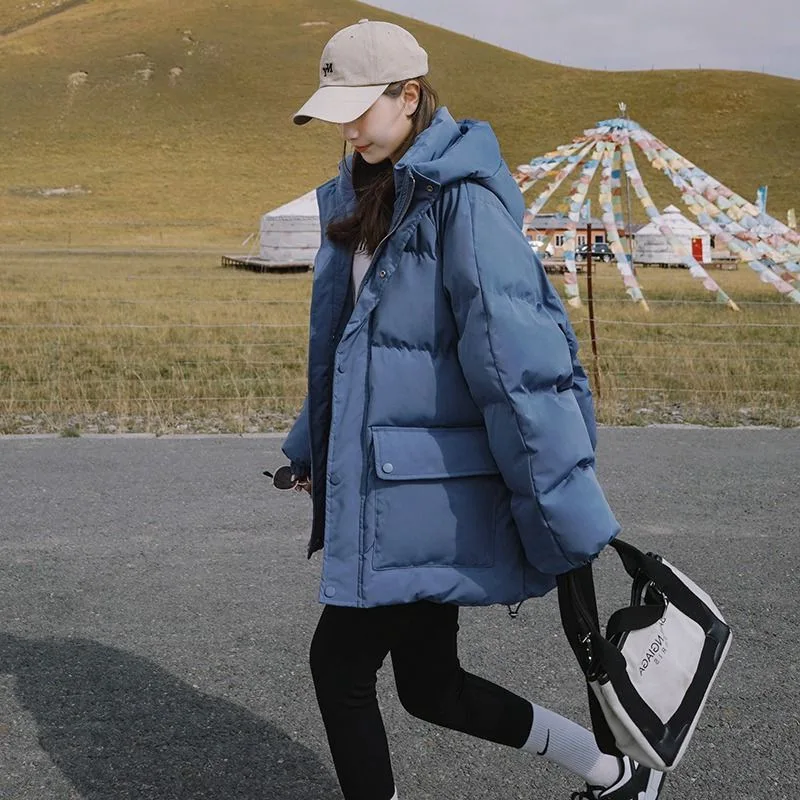 

Women Winter New Loose Cotton-padded Jackets Female Korean Solid Color Parkas Coats Ladies Pocket Hooded Warm Overcoats