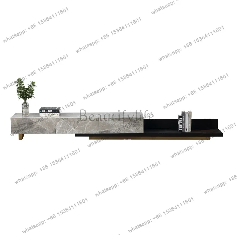 LSretractable TV cabinet, simple and modern light luxury rock slab coffee table TV cabinet combination